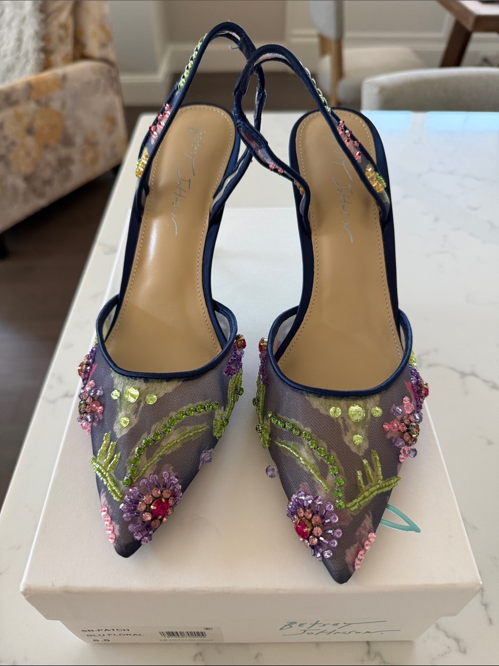 Betsey Johnson Navy Mesh Pointed Slingback Heels with Multicolor Beading